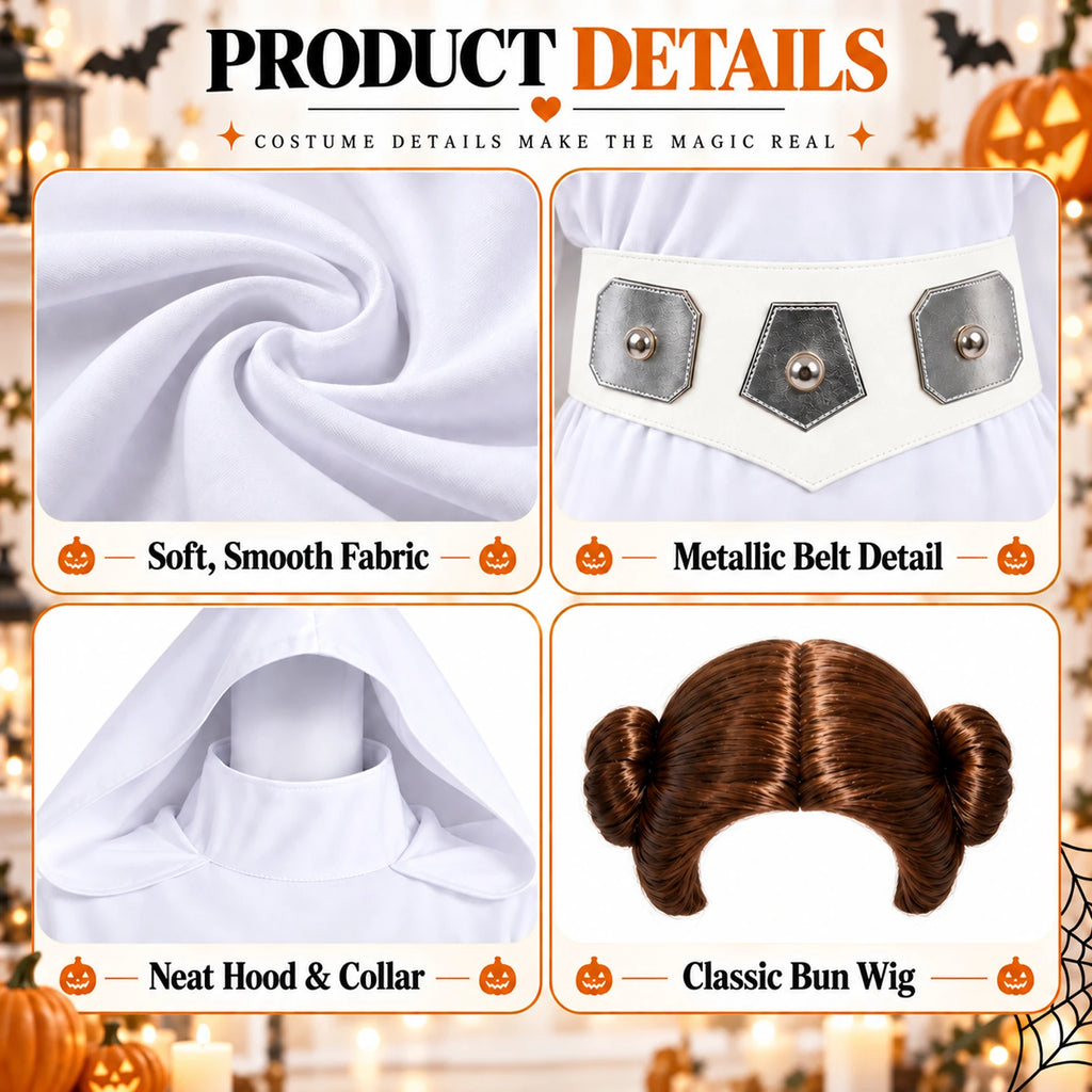 Close-ups show the white costume dress hood, geometric waist decoration and brown side-bun wig in this Princess Leia-inspired set.