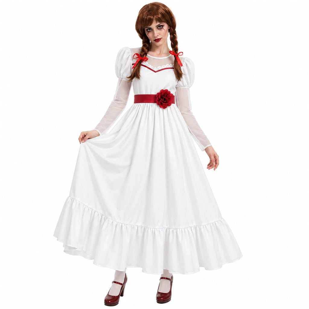 Full-length view of the Annabelle-inspired white doll costume with red waist detail and braided wig.