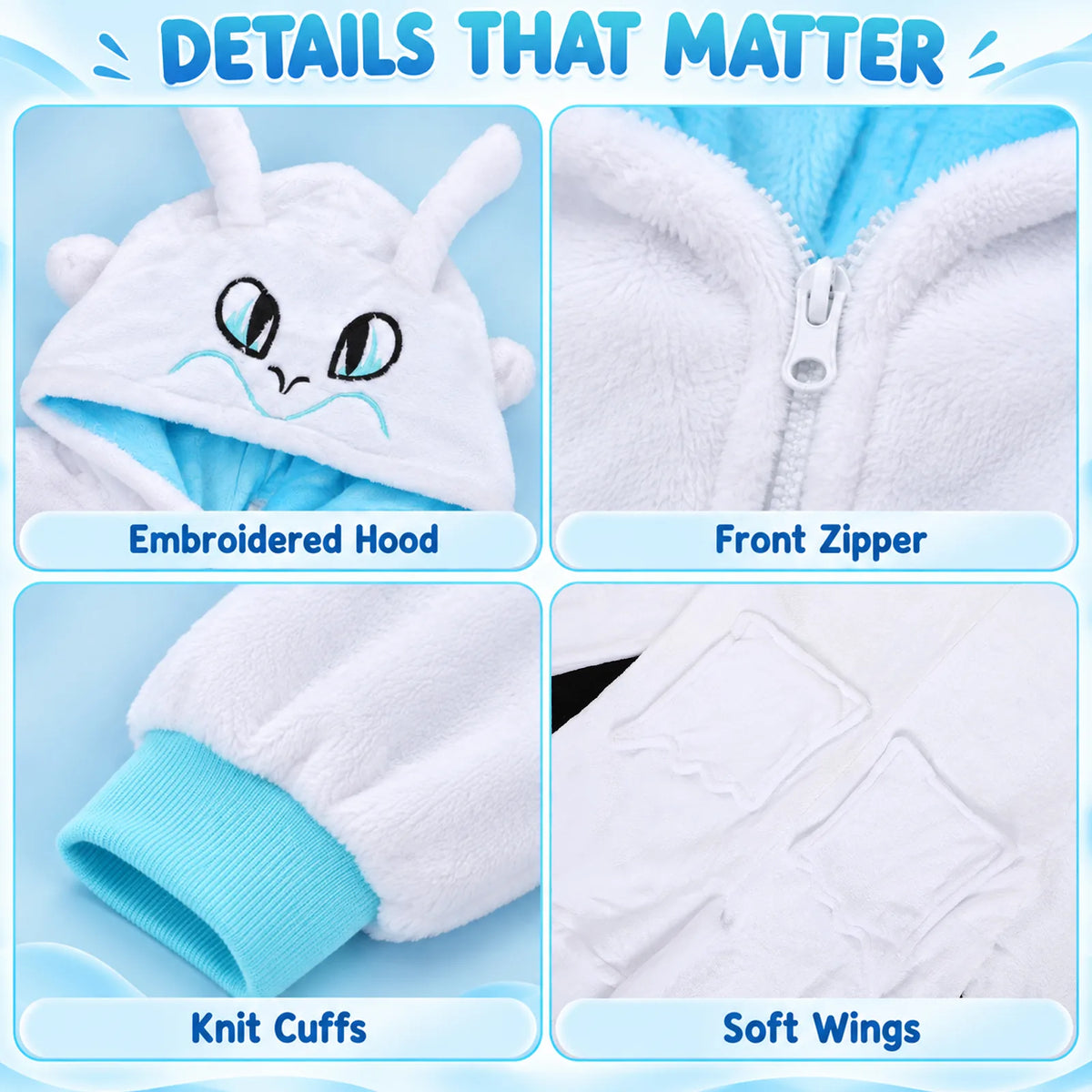 White dragon costume details showing embroidered hood, front zipper, knit cuffs and wings