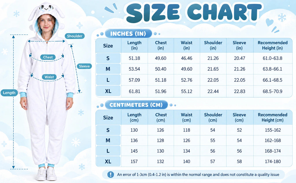 White dragon costume size chart with a model, measurement arrows and S to XL garment dimensions in centimeters and inches