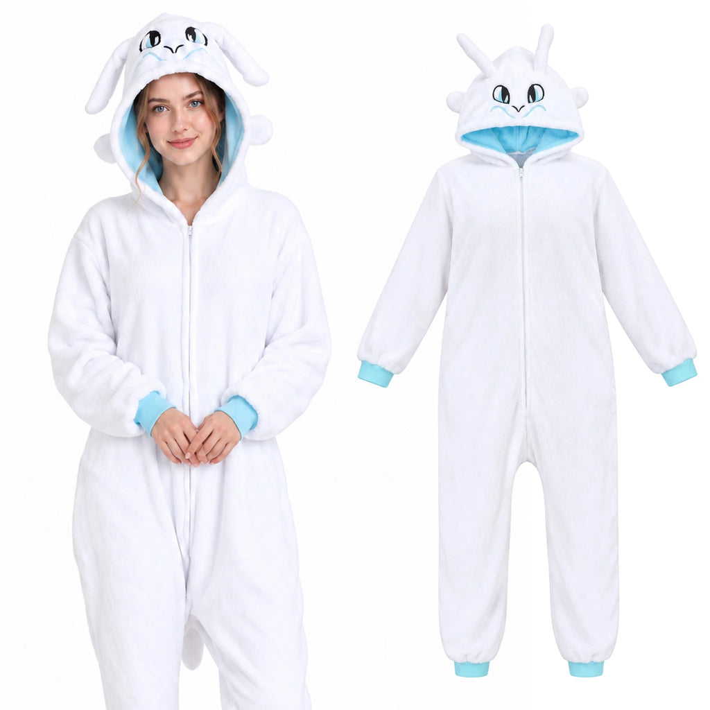 Model wearing the white dragon hood with hands together beside the matching onesie.