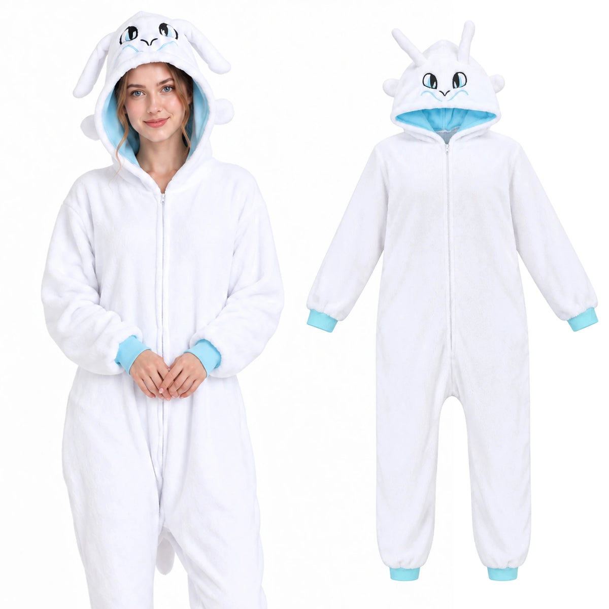 Model wearing the white dragon hood with hands together beside the matching onesie.