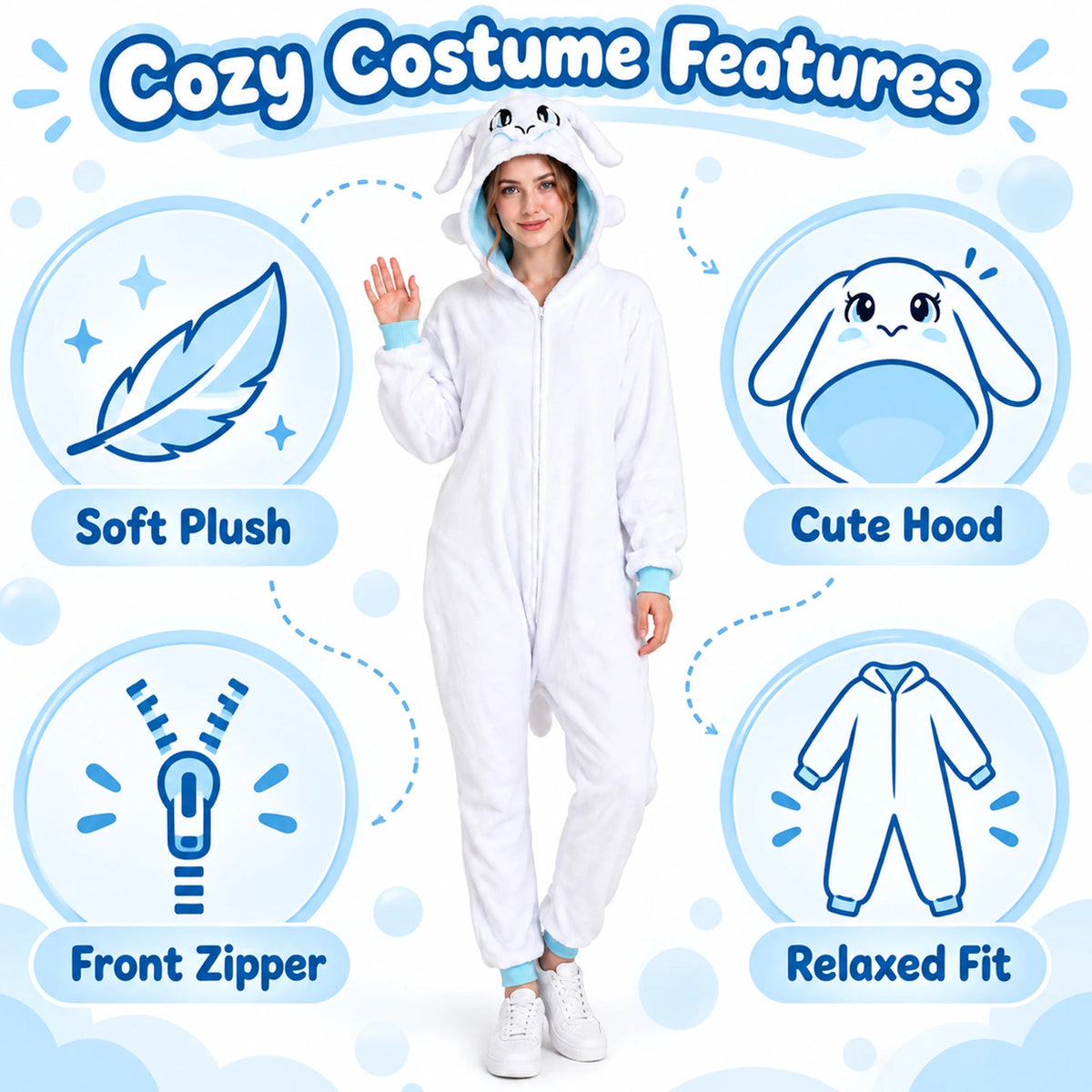 This white dragon costume diagram highlights the hood, front zipper, plush texture and relaxed silhouette.