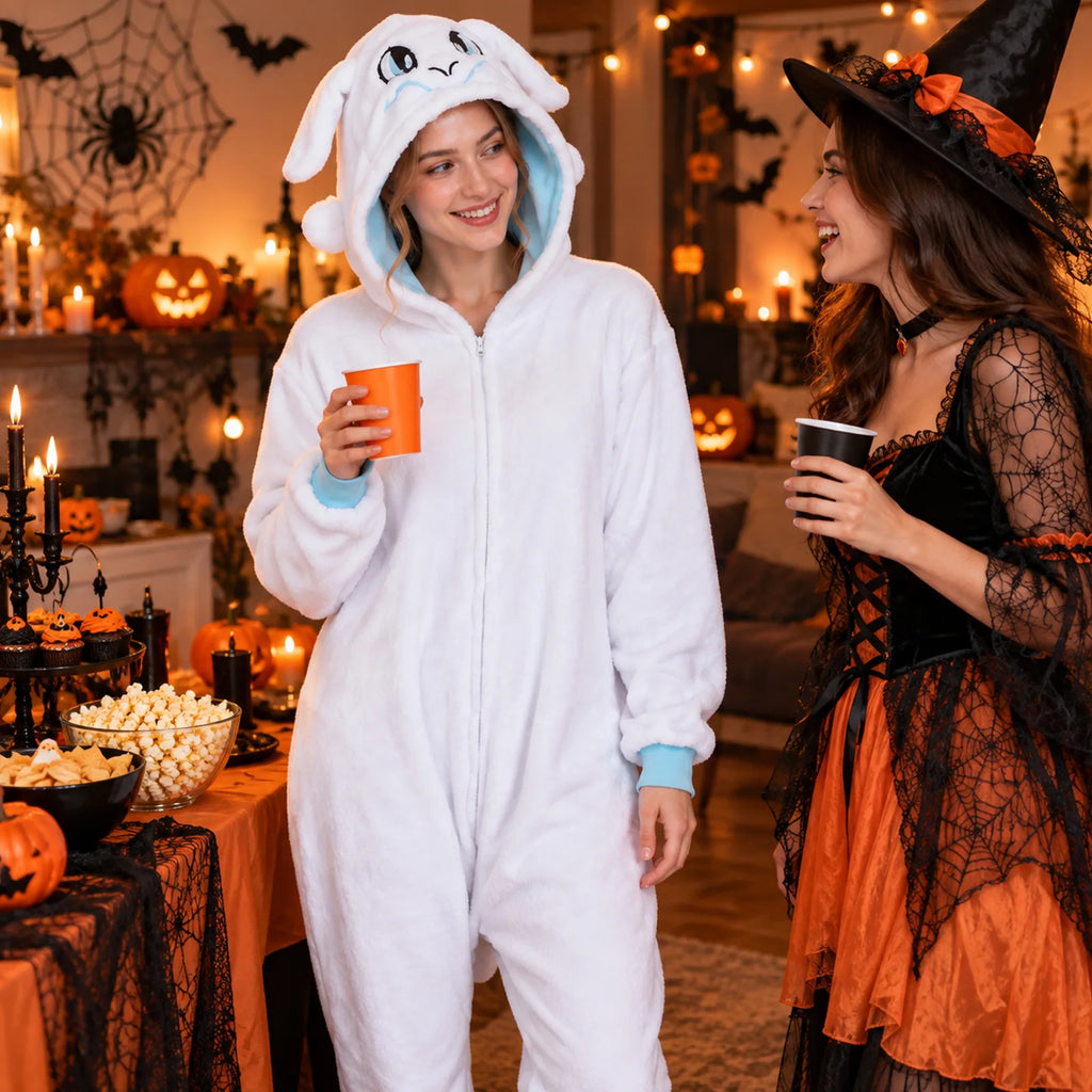 Adult wearing a white dragon costume with a hood beside a witch-costumed guest at a Halloween party.