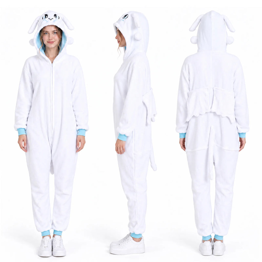 White dragon costume shown from front, side and back with attached wings and tail