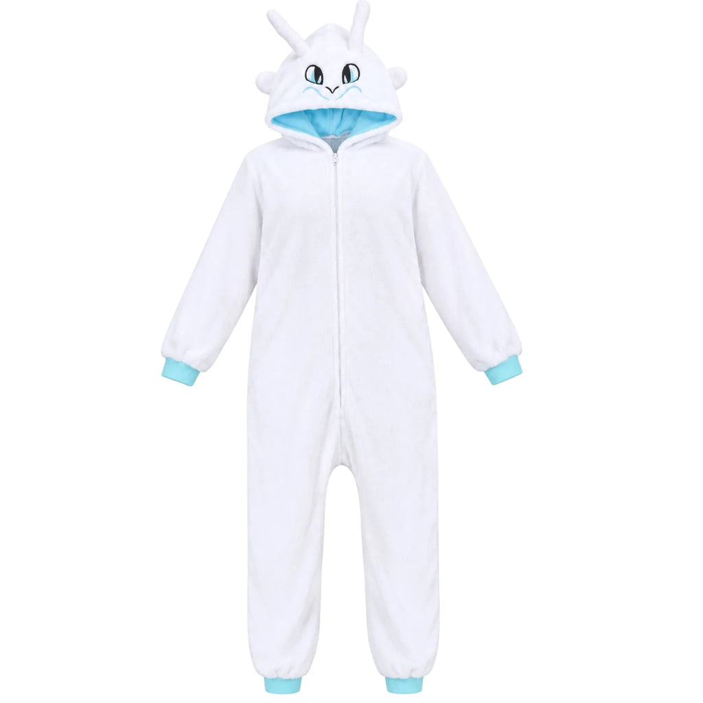 Front view of a white dragon onesie with aqua embroidered hood eyes and pale blue cuffs