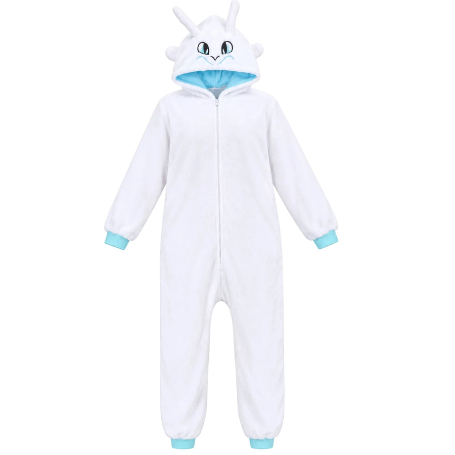 Front view of a white dragon onesie with aqua embroidered hood eyes and pale blue cuffs