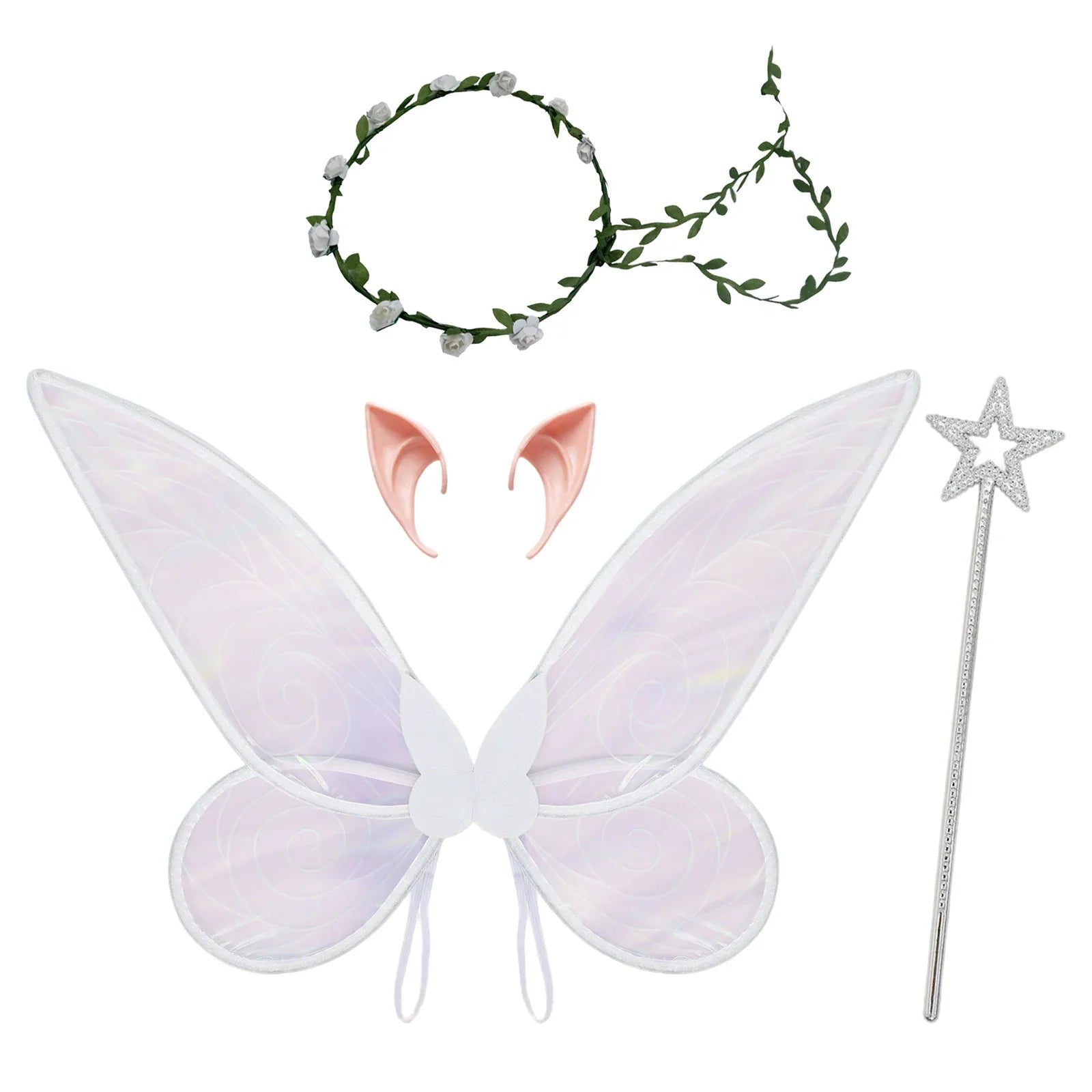 White fairy wings costume accessory set with elf ears, floral crown and star wand