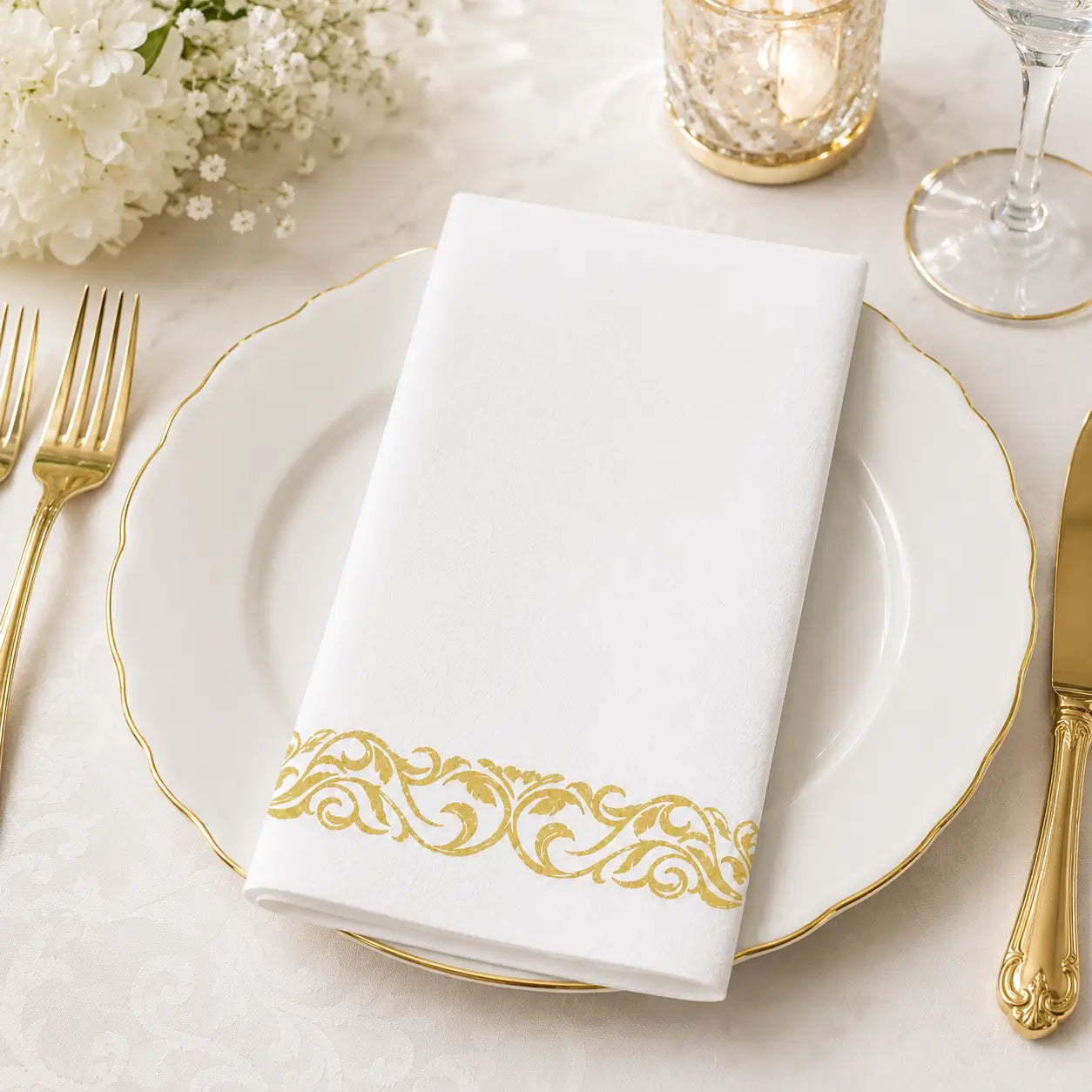 White paper napkin with gold damask border placed on a white and gold table setting with matching plate and gold cutlery
