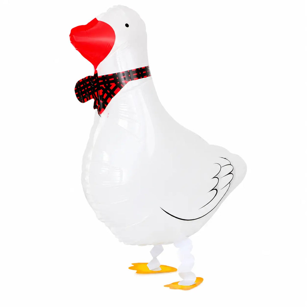 White goose walking balloon toy with plaid bow on white background