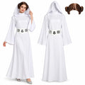 A woman wears a white hooded dress inspired by Princess Leia beside the matching dress and brown side-bun wig.