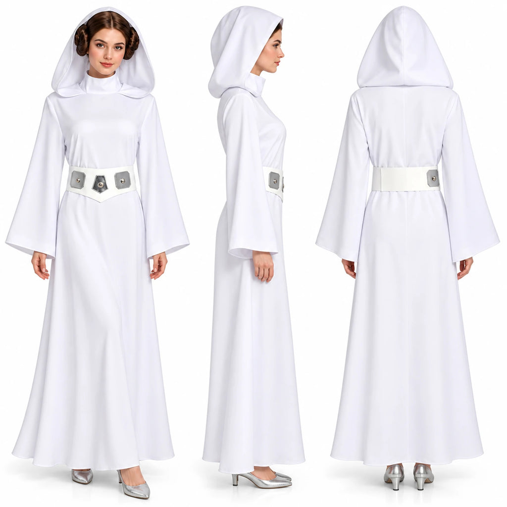 Front, side and back views show the white hooded dress inspired by Princess Leia, with wide sleeves and silver-tone waist accents.
