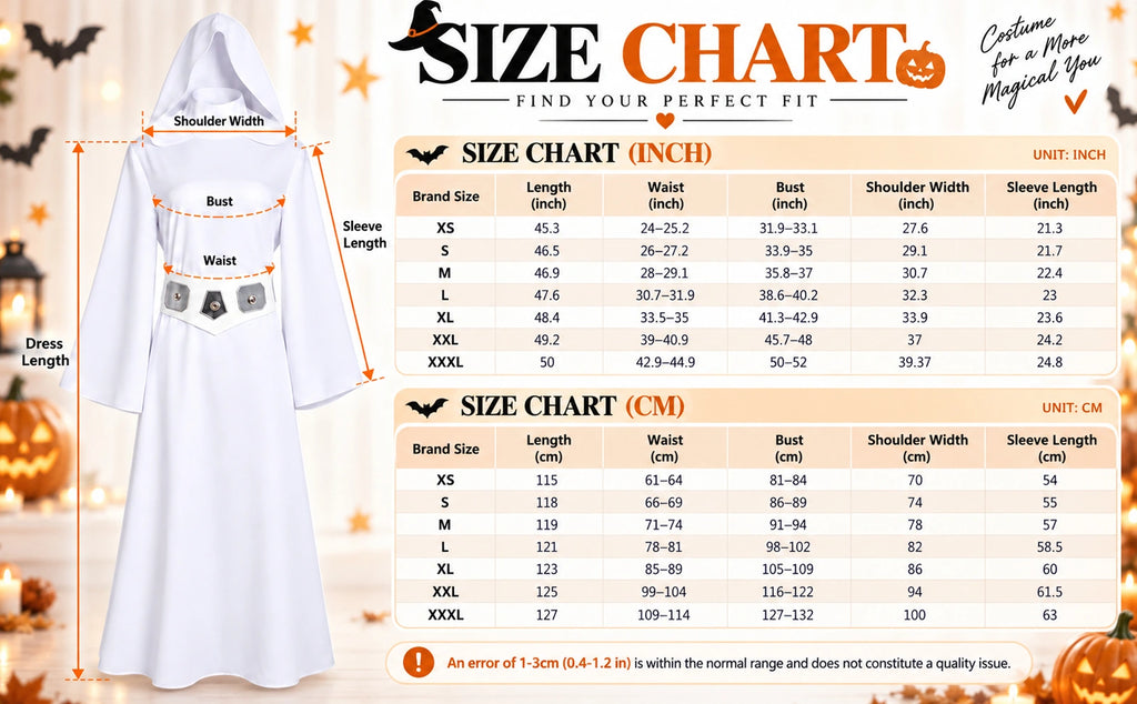 The white hooded dress size chart lists dress length, waist, bust, shoulder width and sleeve length in inches and centimeters.