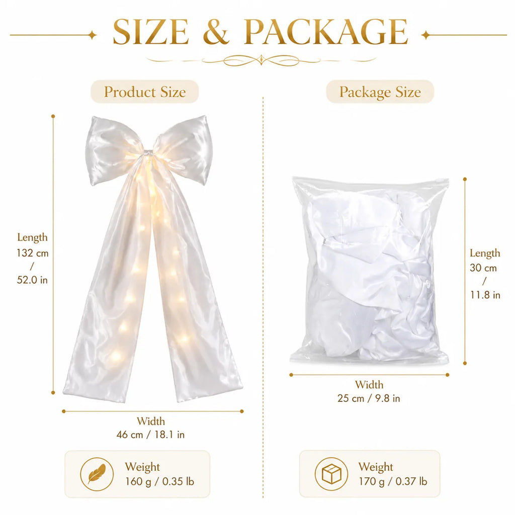 Dimension chart for the white led bow decoration, showing the listed product measurements and scale.