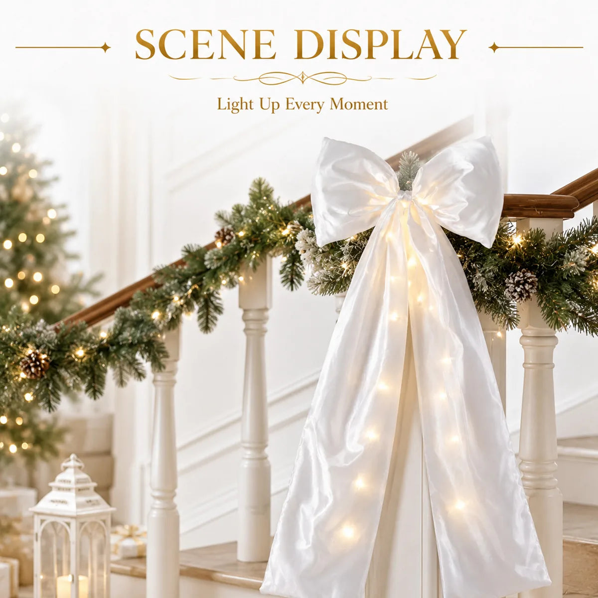 The white led bow decoration displayed in a styled Halloween scene for visual context.