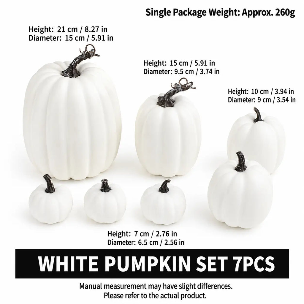 White pumpkin set with 7 pieces, showing height and diameter measurements for each pumpkin