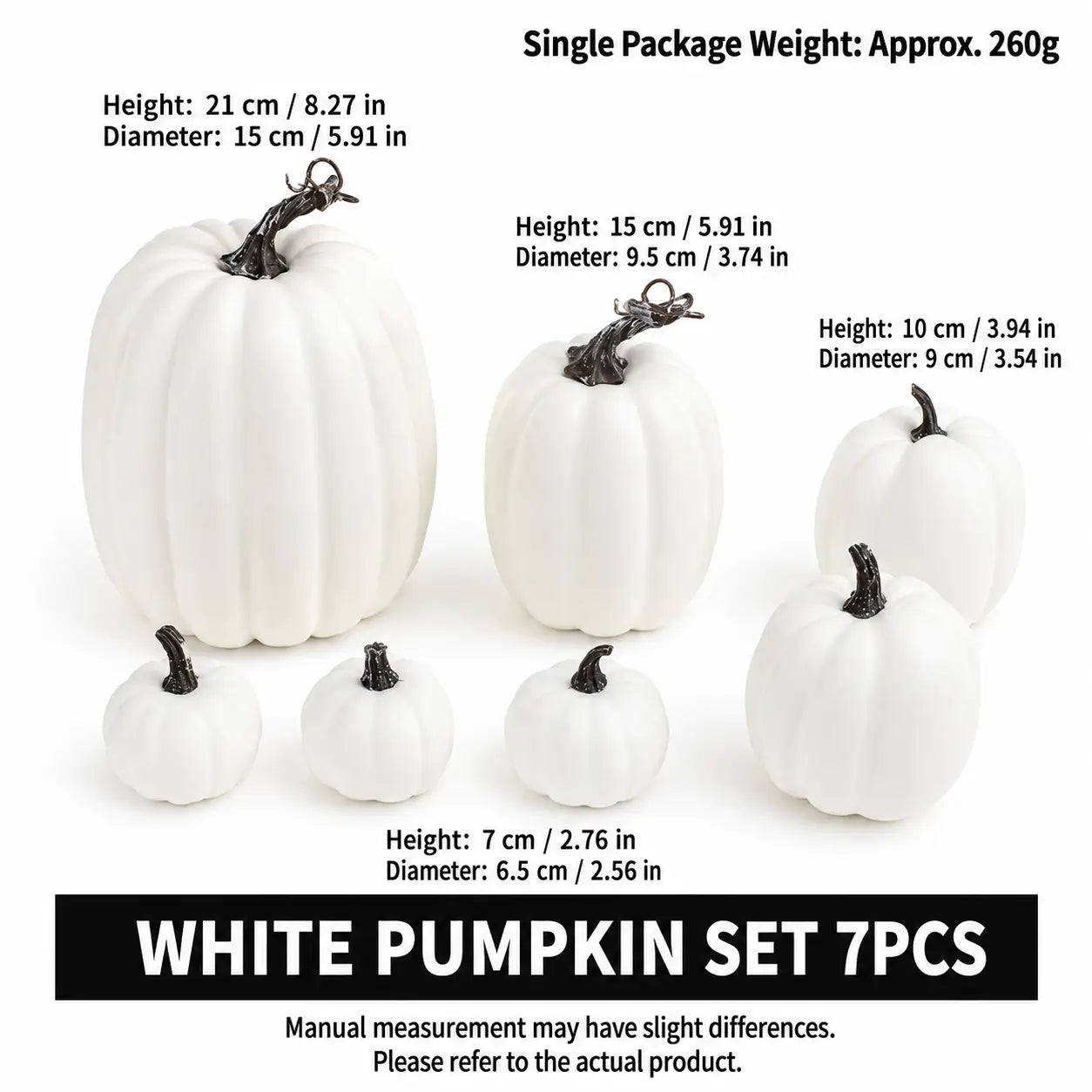 White pumpkin set with 7 pieces, showing height and diameter measurements for each pumpkin