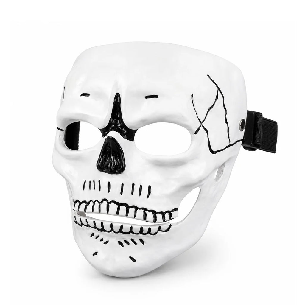 Front view of the white resin skull half face mask, showing its overall shape and visible design.