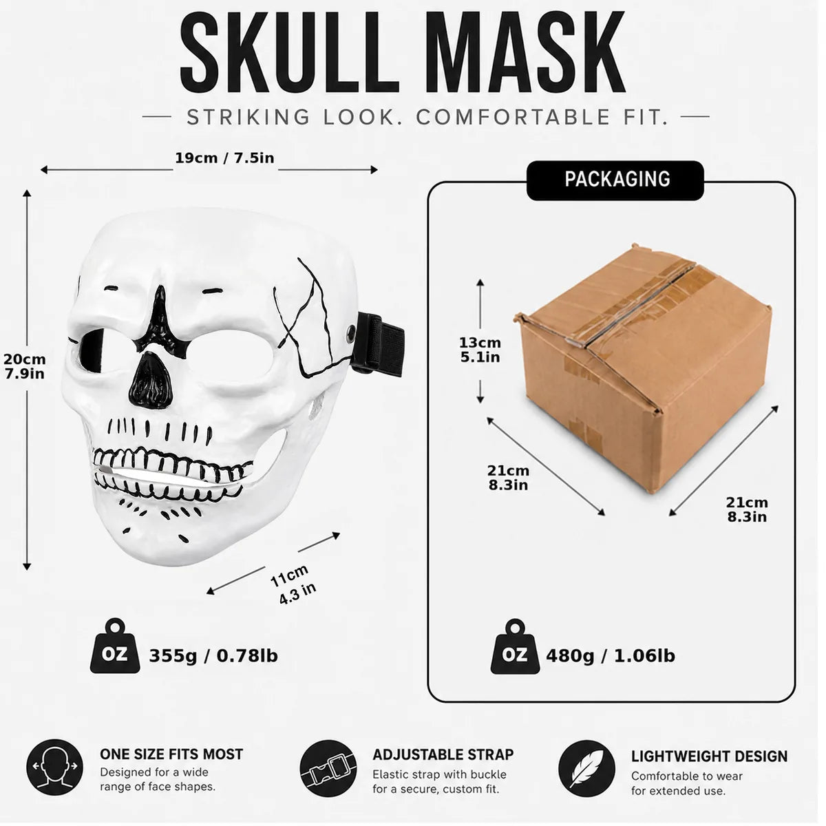 Size and packaging graphic for the white resin skull mask.