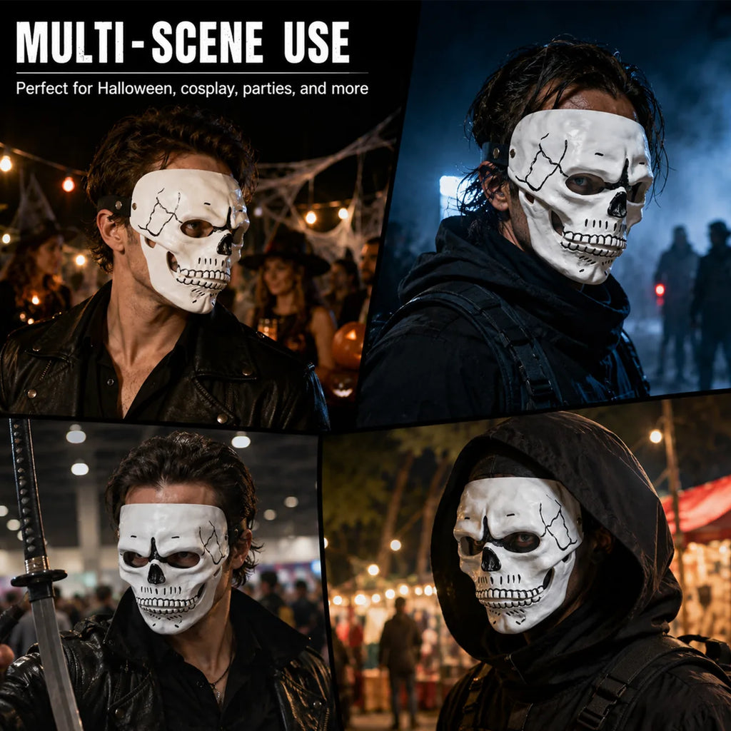 White resin skull mask shown across costume and party settings.