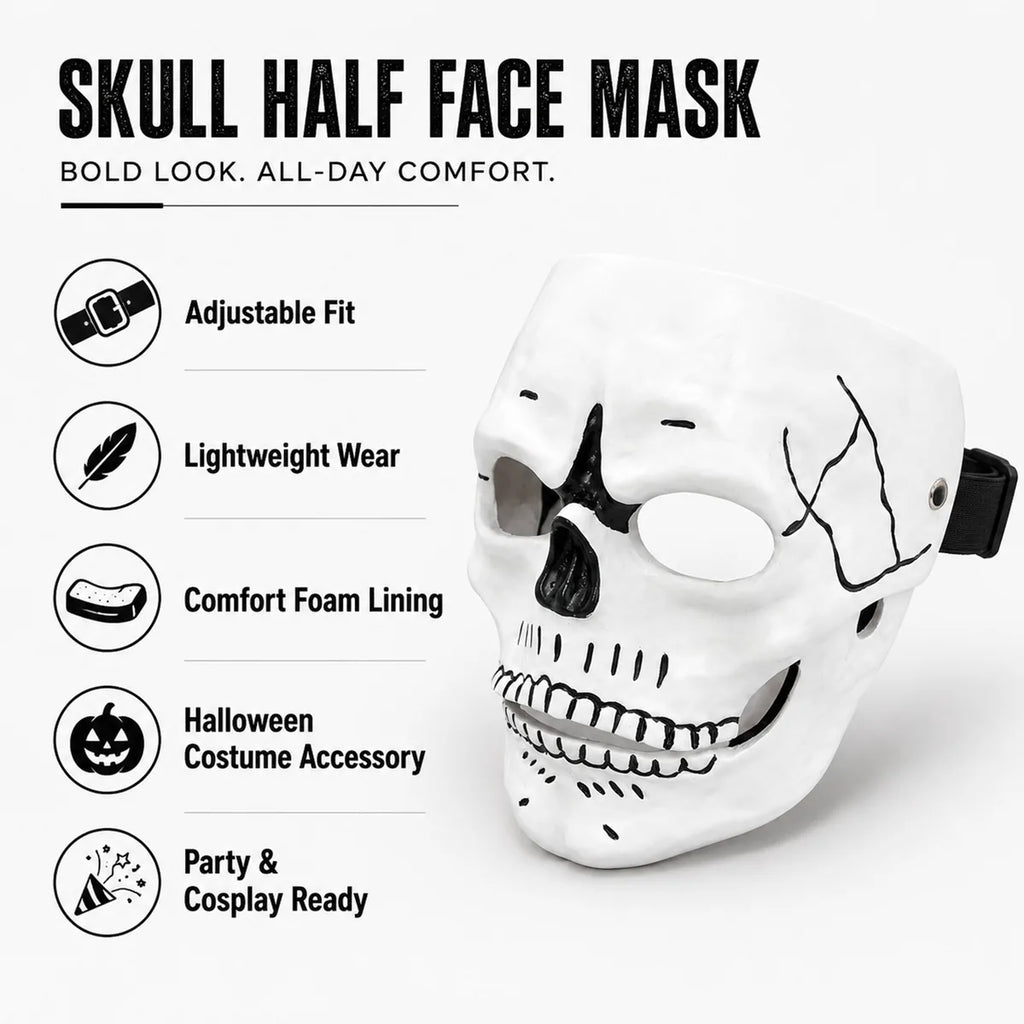 Feature graphic for the white resin skull mask, highlighting visible design details and intended use.