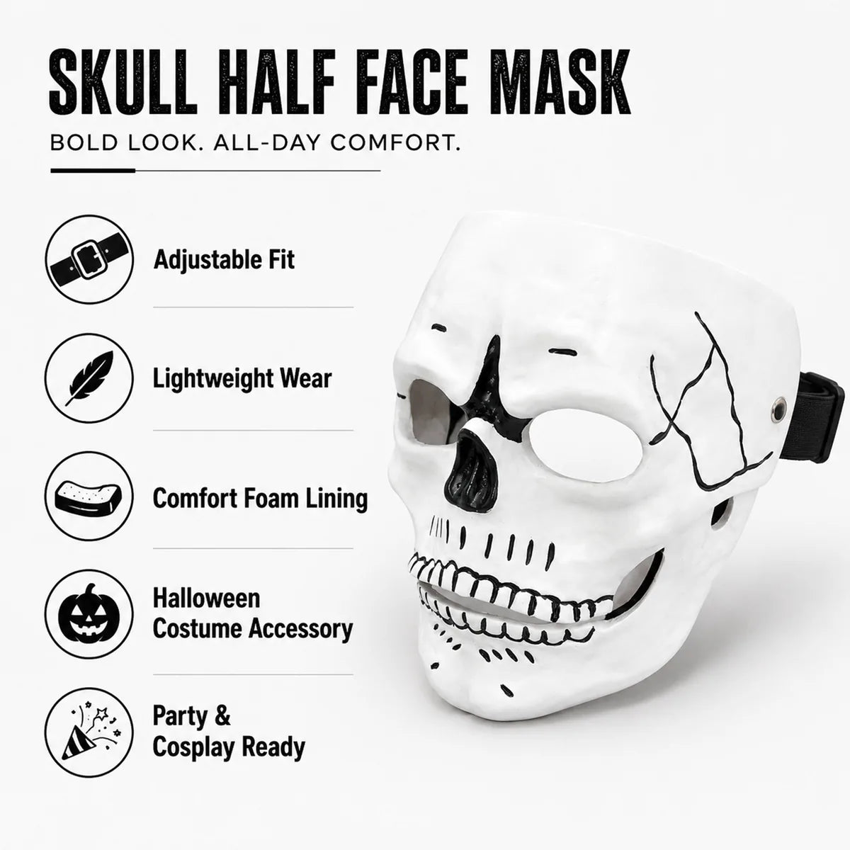 Feature graphic for the white resin skull mask, highlighting visible design details and intended use.