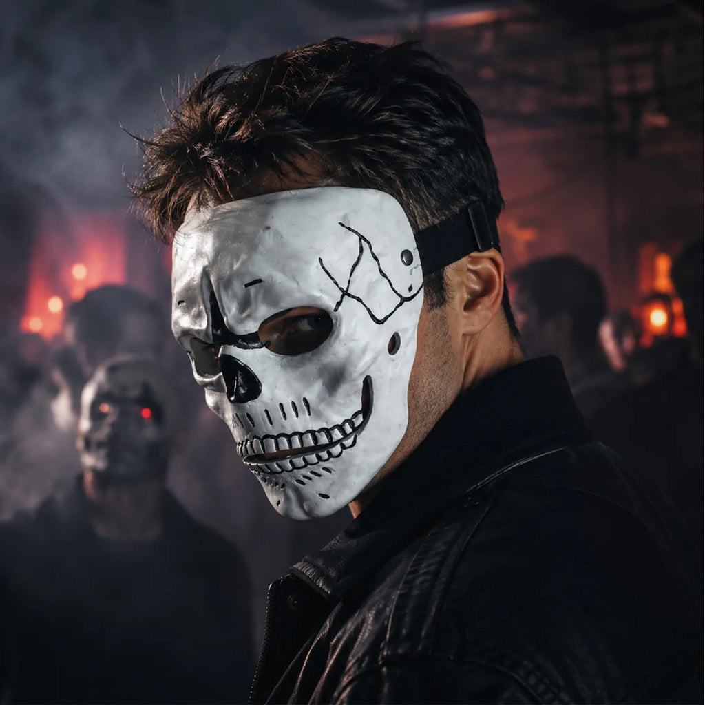 The white resin skull mask halloween displayed in a styled Halloween scene for visual context.