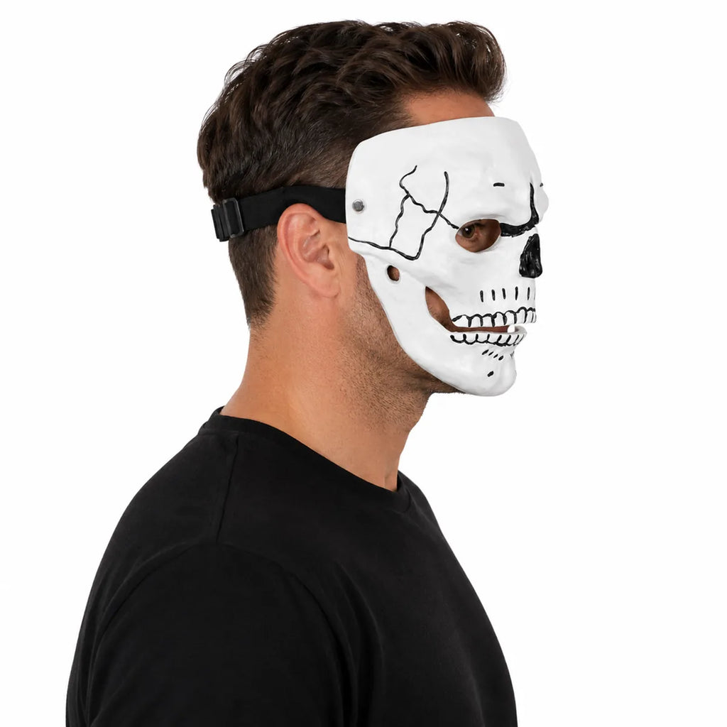 Side view of the white resin skull mask, showing its profile and visible construction details.