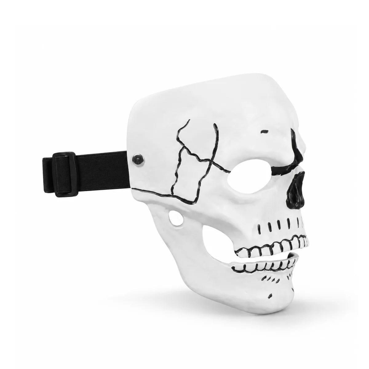 Multiple-angle view of the white resin skull mask, showing its shape from different sides.
