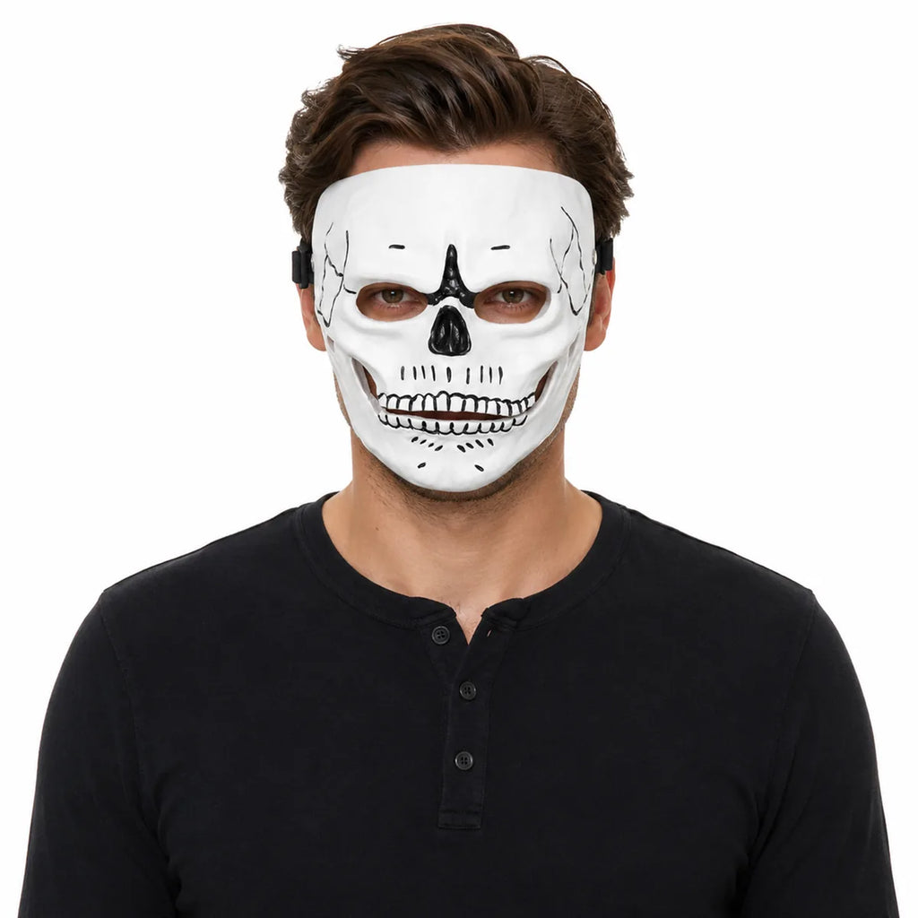 Styled view of the white resin skull mask, showing how the item appears in use.