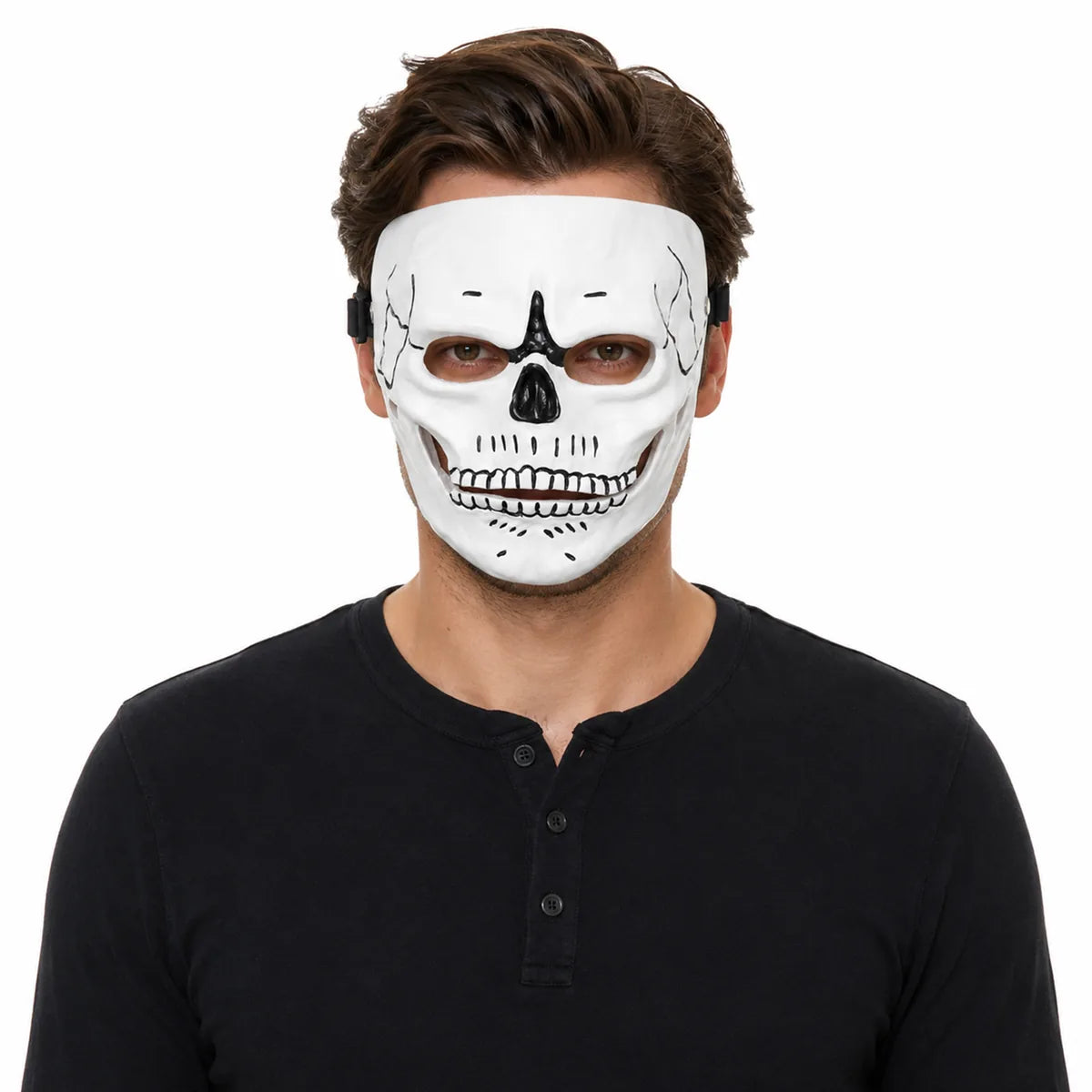 Styled view of the white resin skull mask, showing how the item appears in use.