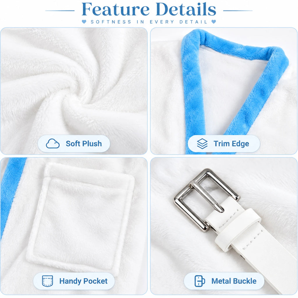 White plush robe texture, blue edging, patch pocket and white belt with metal buckle in close-up.