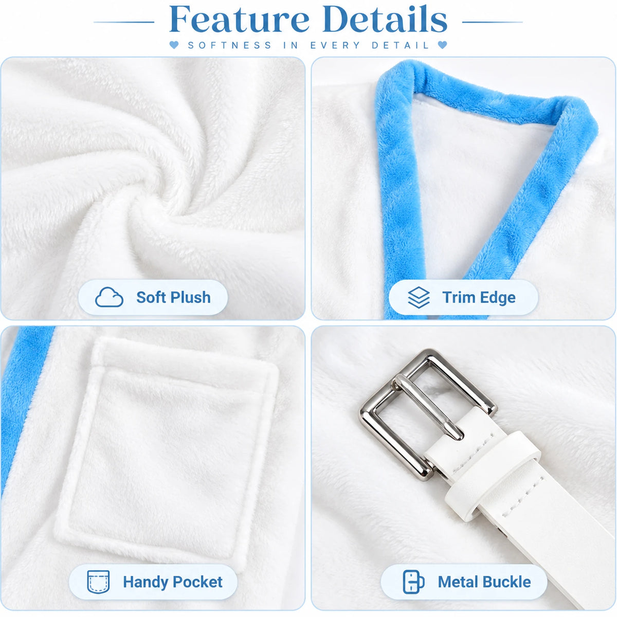 White plush robe texture, blue edging, patch pocket and white belt with metal buckle in close-up.