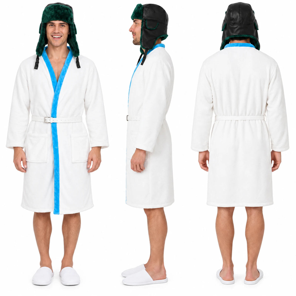 Front, side and back views of the belted white robe and green earflap hat.