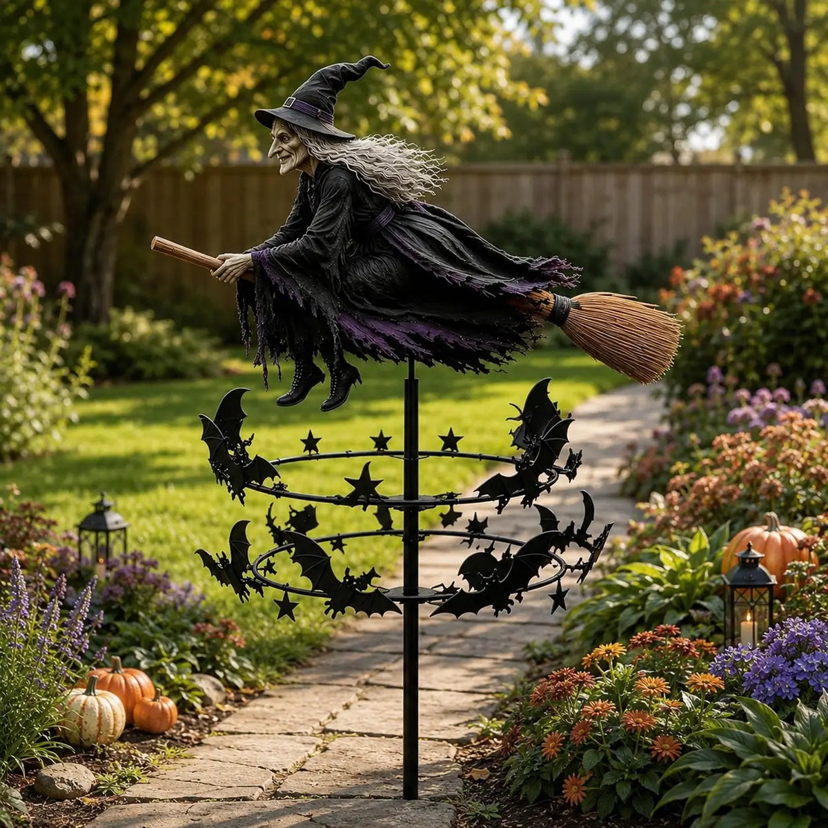 Witch wind spinner displayed along a landscaped outdoor pathway