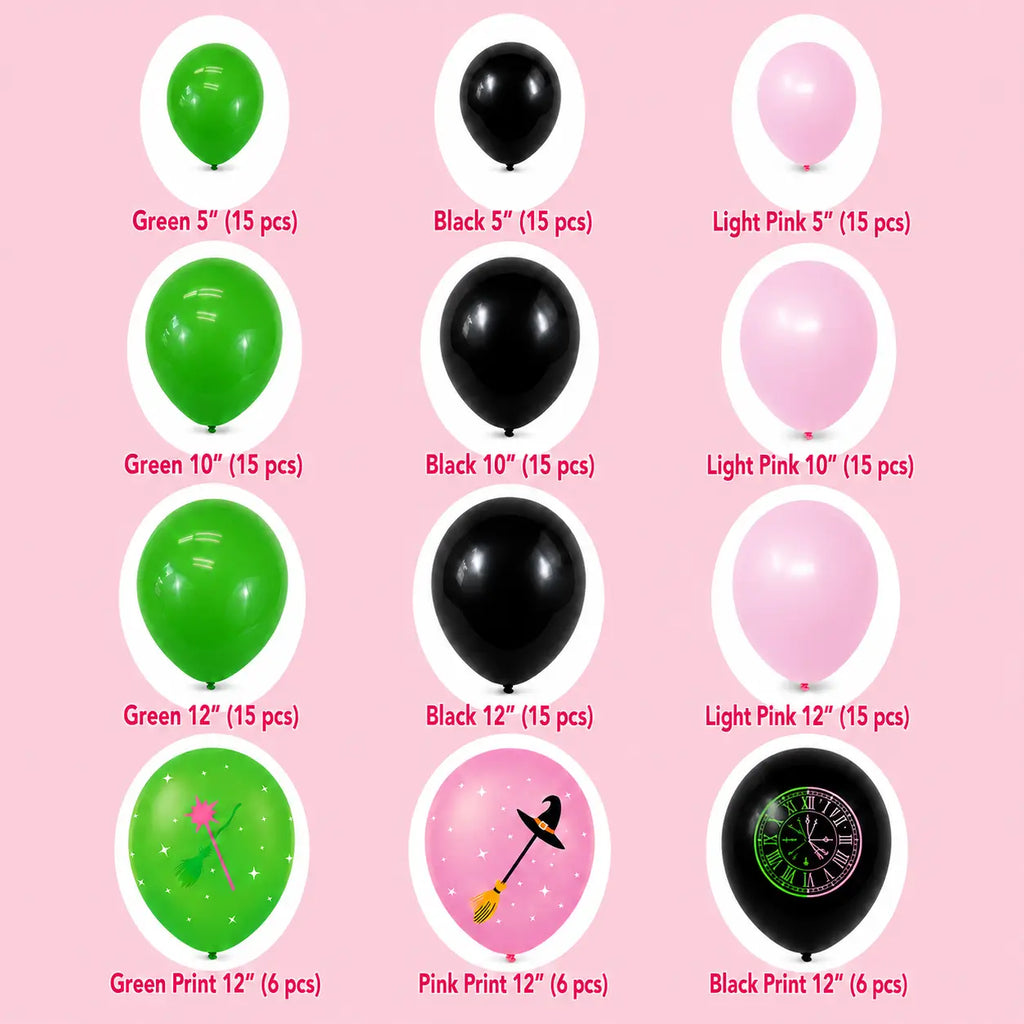 Green, black, and light pink latex balloon assortment in 5 inch, 10 inch, and 12 inch sizes with printed witch-themed balloons for Halloween party decorations.