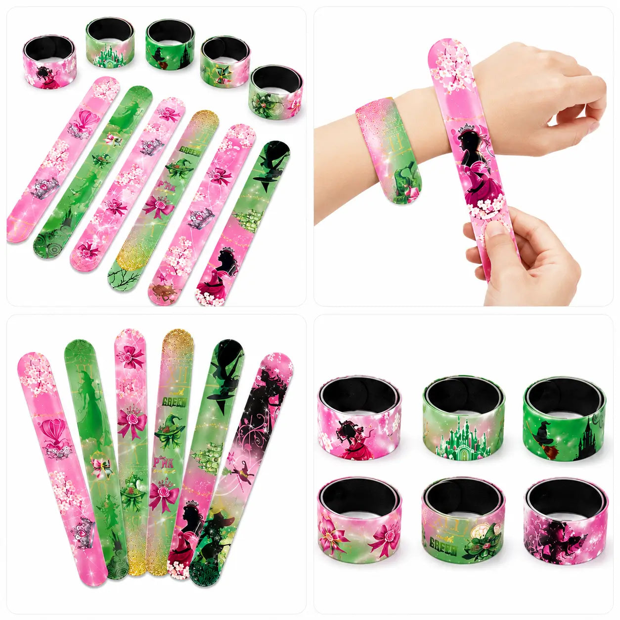 Witch and princess slap bracelets shown flat, rolled, and worn on the wrist with six pink and green magical themed designs.