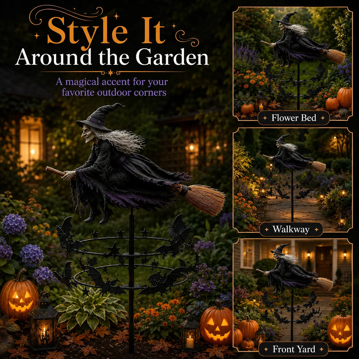 Witch wind spinner styling ideas for flower beds walkways and front yard Halloween garden displays
