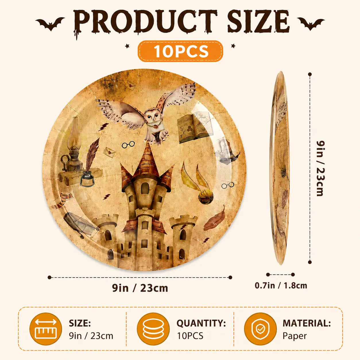 9 inch wizard castle themed paper plates with owl and fantasy castle design for kids birthday party tableware