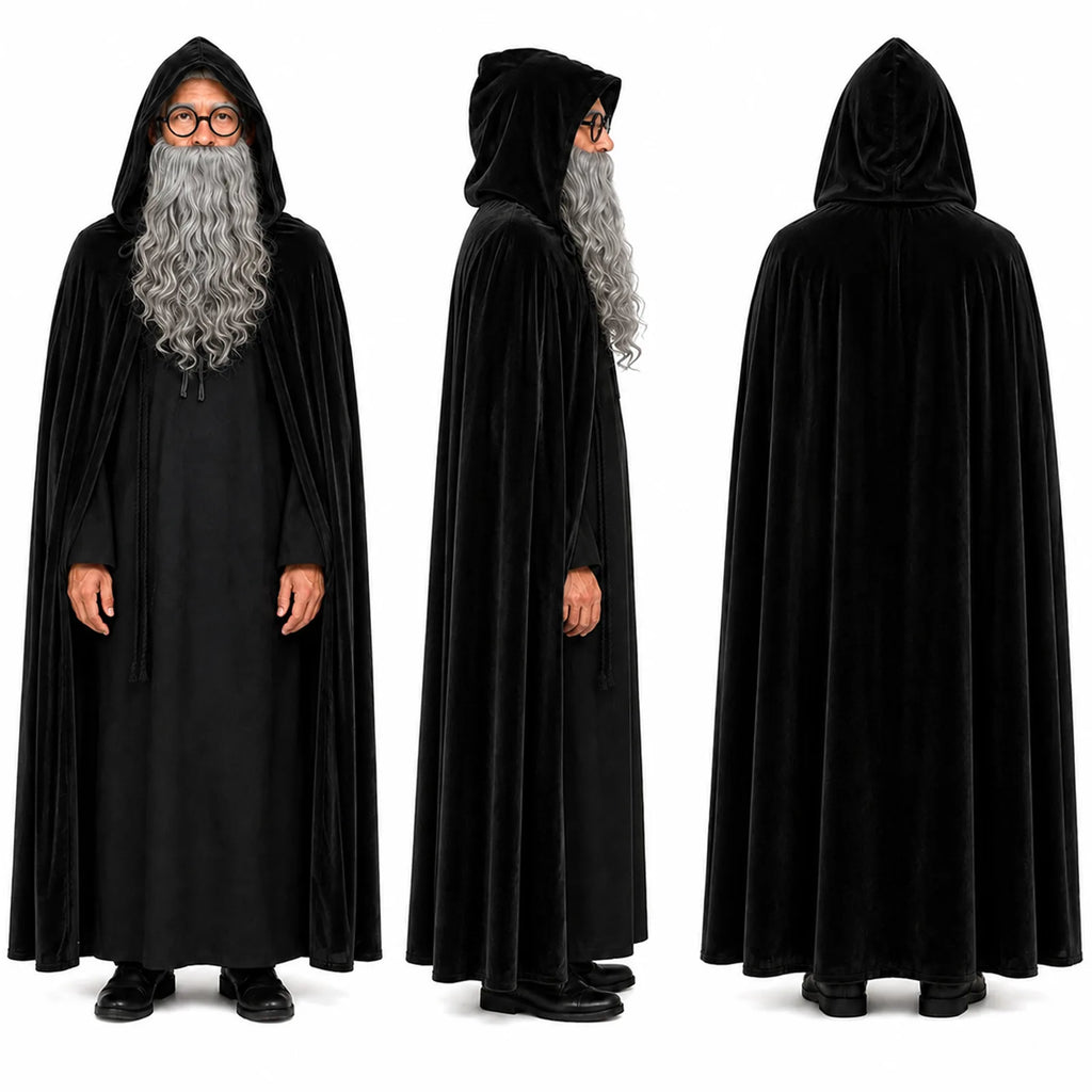Black adult wizard costume front, side and back views