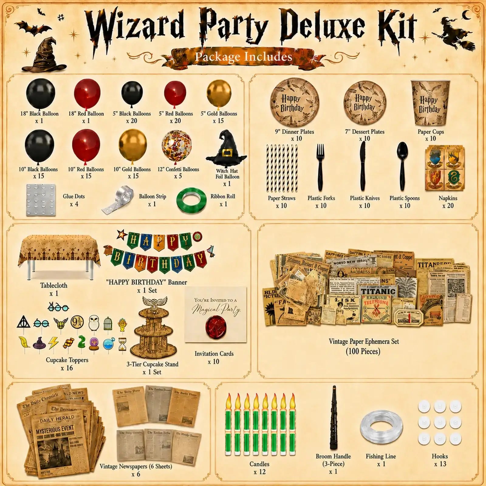 Wizard party deluxe kit with balloons, banner, tableware, cake decorations, gift boxes, favor bags and magic themed party supplies