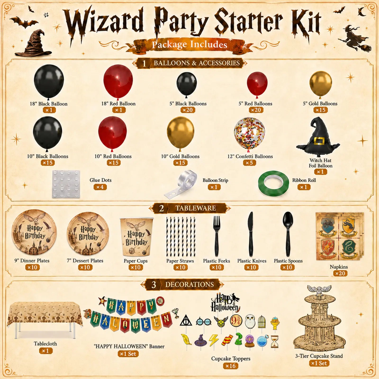 Wizard party starter kit with balloons, banner, tableware, cake toppers, favor bags and magic themed birthday decorations