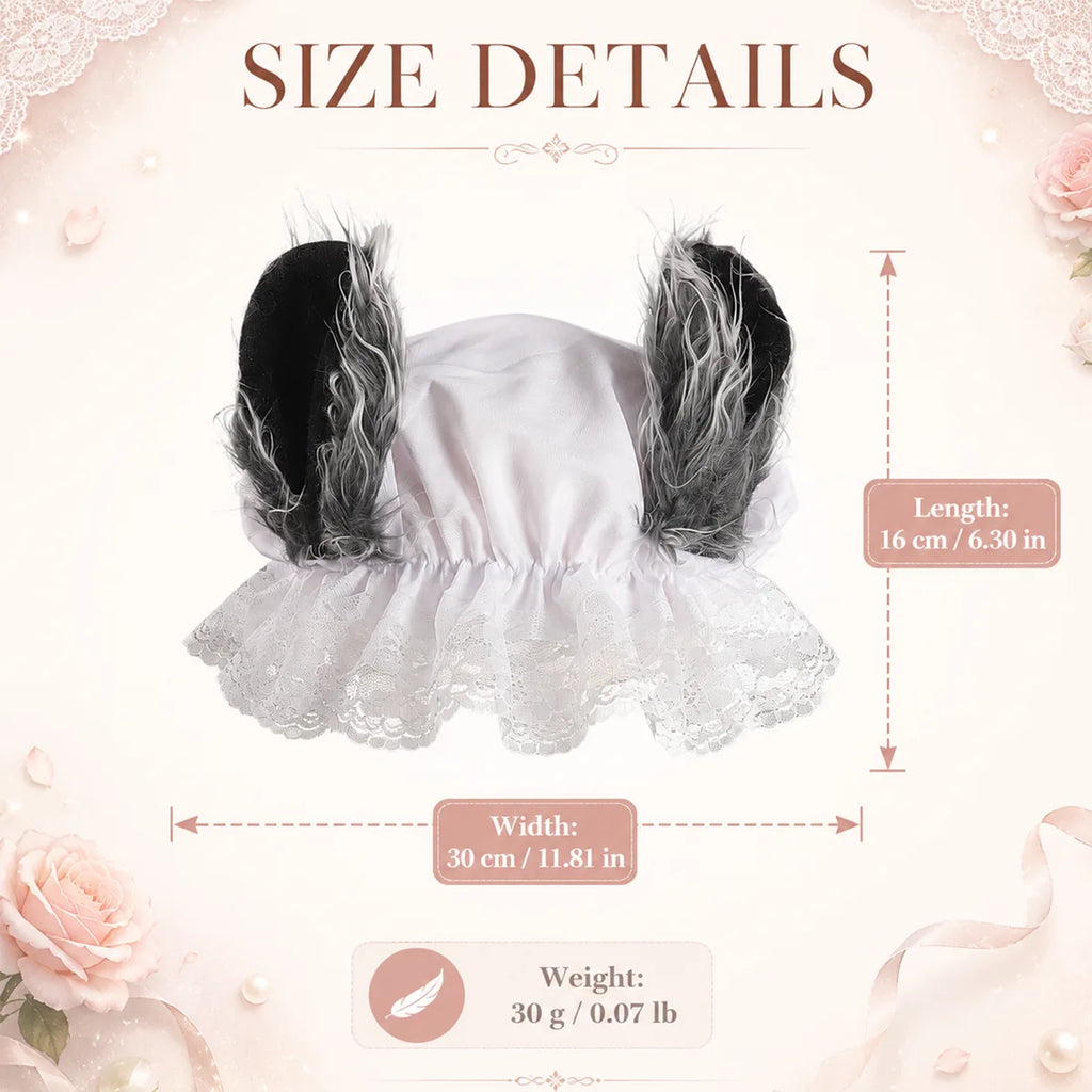 Dimension chart for the wolf ear lace bonnet, showing the listed product measurements and scale.