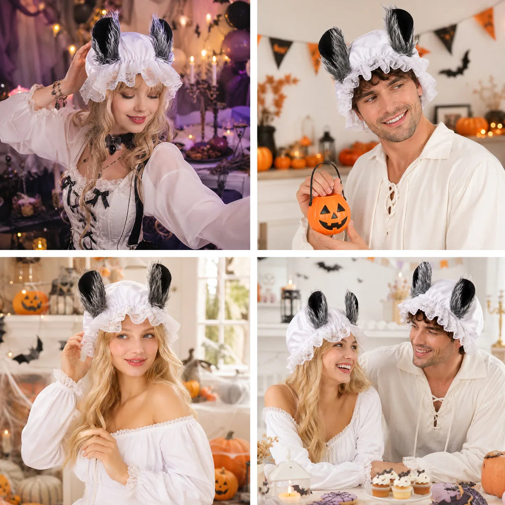 The wolf ear lace bonnet shown across several styled Halloween and event display scenes.