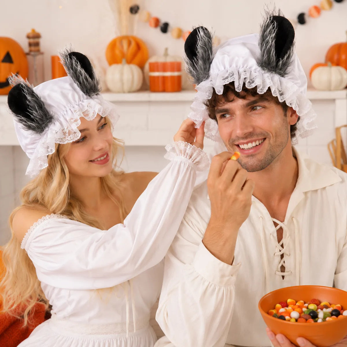 The wolf ear lace bonnet displayed in a styled Halloween scene for visual context.