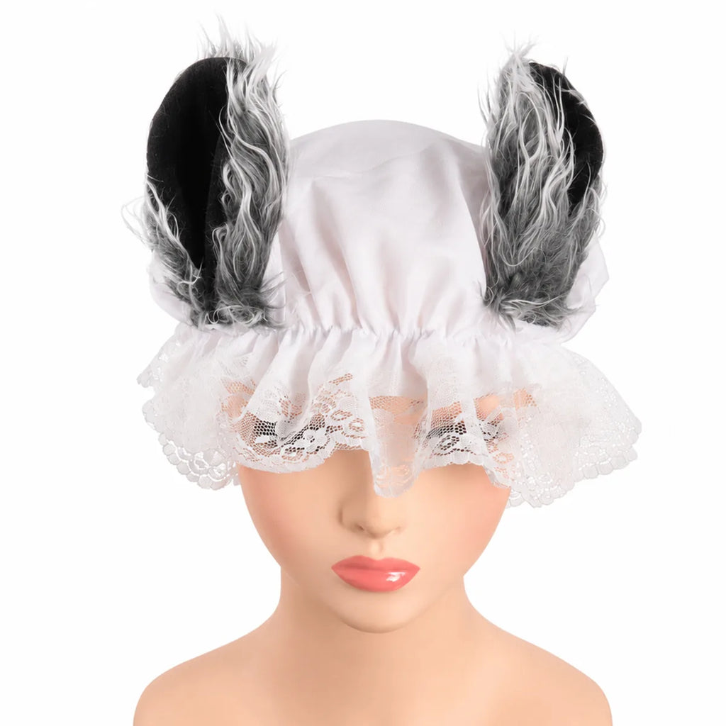 Side view of the wolf ear lace bonnet, showing its profile and visible construction details.