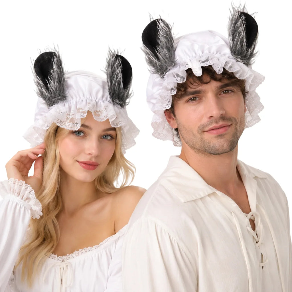 Styled view of the wolf ear lace bonnet, showing how the item appears in use.