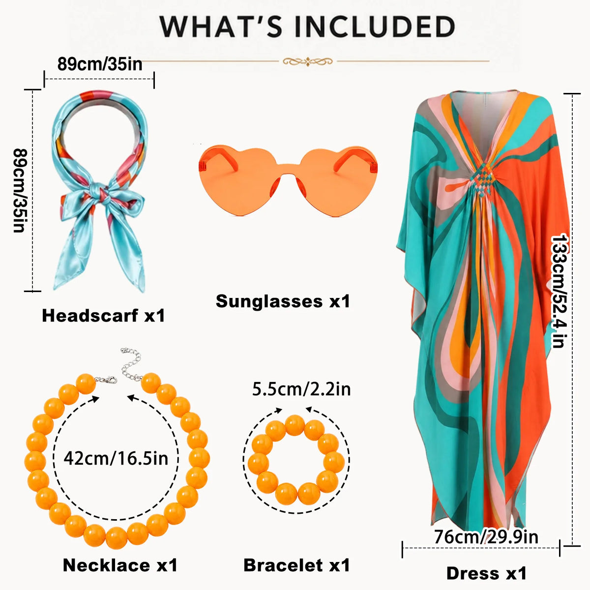 Retro kaftan costume accessories including headscarf heart sunglasses necklace and bracelet
