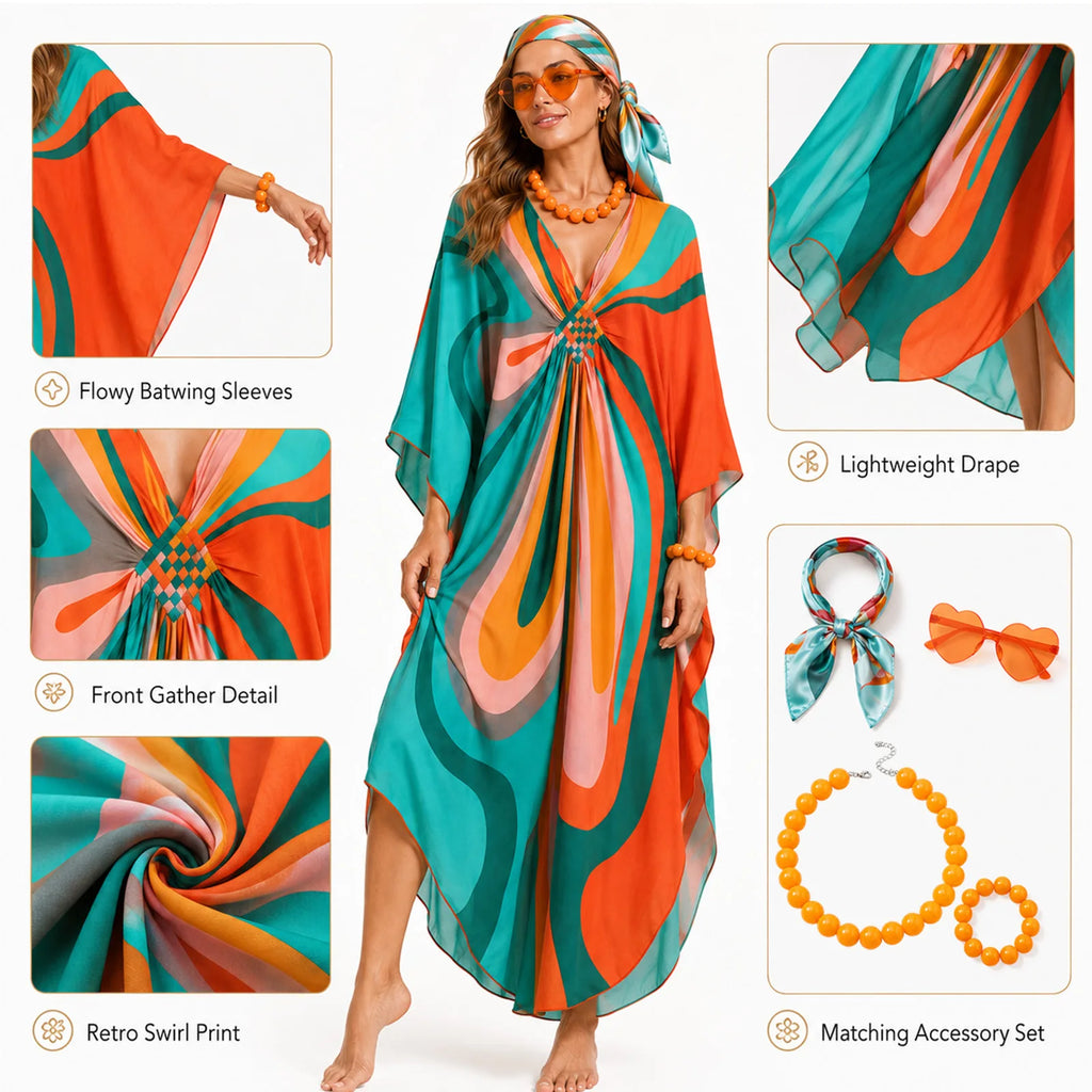 Close-up details of colorful 70s kaftan dress and matching accessories