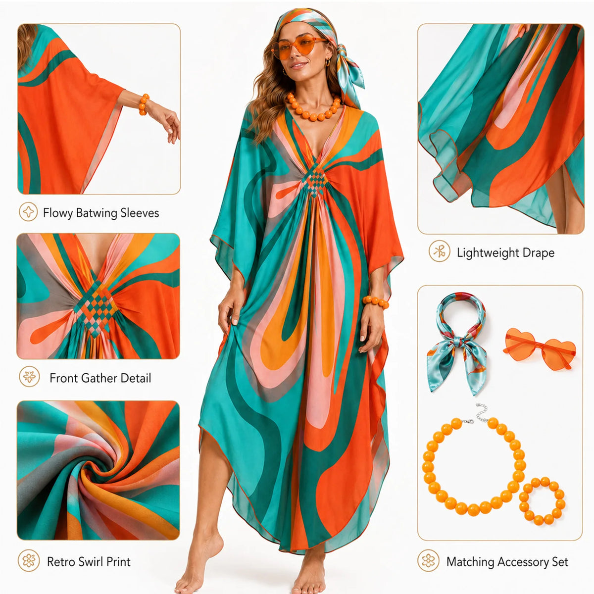 Close-up details of colorful 70s kaftan dress and matching accessories